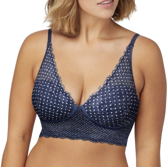 Maidenform Pure Comfort Bralette Wireless Lace Long Blue/Dots White Bra Size 34D - Picture 1 of 9